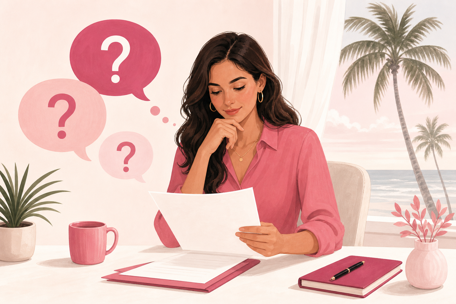 Frequently Asked Questions with Soft Pink Elements and Coastal Background