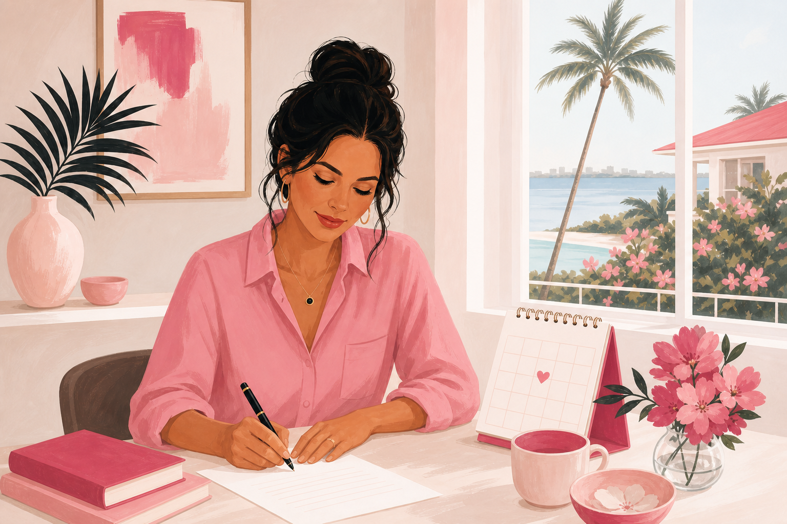 Woman Writing at Cozy Desk with Palm Silhouettes and Soft Light-1