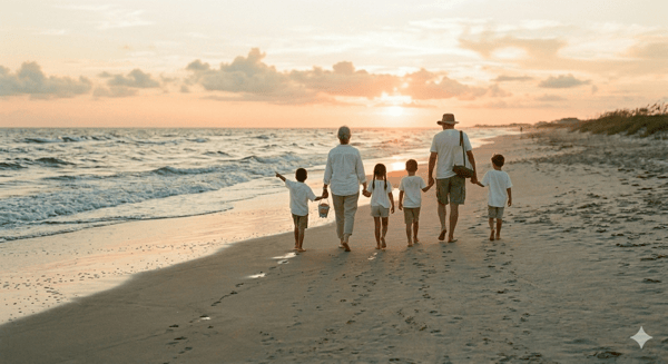 Family walking together along a Florida beach at sunset